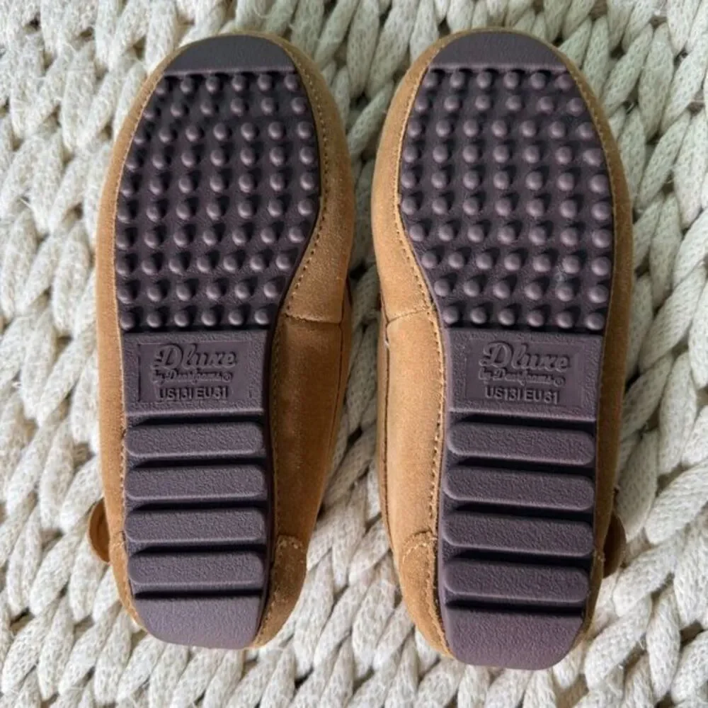 Duxe by Dearfoams Kids Tan Suede Moccasin Slippers Cozy Shearling‎ Lined Size 13